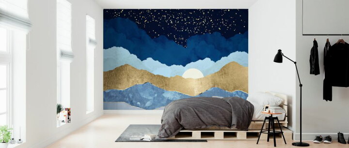 楽天市場 山 月 イラスト アート 青 ブルー 金 ゴールドの壁紙 輸入 カスタム壁紙 Photowall Midnight Sky 貼ってはがせるフリース壁紙 不織布 海外取り寄せのため1カ月程度でお届け 代引き 後払い不可 壁紙 屋本舗 カベガミヤホンポ