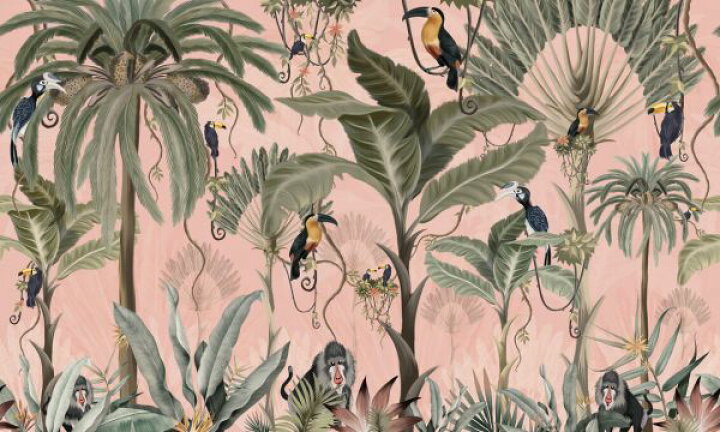 楽天市場 ジャングル 森 ヤシの木 鳥 猿 サル イラスト ピンクの壁紙 輸入 カスタム壁紙 Photowall Exotic Jungle Pink 貼ってはがせるフリース壁紙 不織布 海外取り寄せのため1カ月程度でお届け 代引き 後払い不可 壁紙屋本舗 カベガミヤホンポ