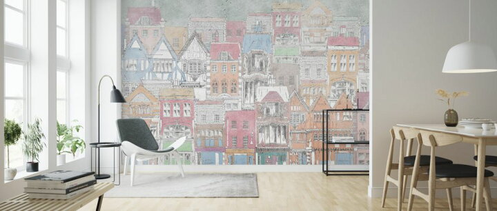 楽天市場 建物 家 イラスト キッズ 子ども部屋の壁紙 輸入 カスタム壁紙 Photowall City Facade Green 貼ってはがせるフリース壁紙 不織布 海外取り寄せのため1カ月程度でお届け 代引き 後払い不可 壁紙 屋本舗 カベガミヤホンポ