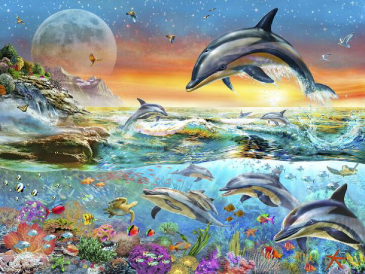 楽天市場 イルカ 海 魚 サンゴ 月の壁紙 輸入 カスタム壁紙 Photowall Tropical Evening Dolphins 貼ってはがせるフリース壁紙 不織布 海外取り寄せのため1カ月程度でお届け 代引き 後払い不可 壁紙 屋本舗 カベガミヤホンポ