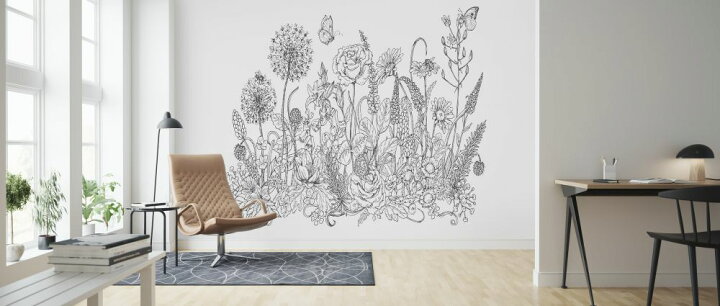 楽天市場 イラスト 線画 花 白 ホワイトの壁紙 輸入 カスタム壁紙 Photowall Wildflowers And Insects Sketch 貼ってはがせるフリース壁紙 不織布 海外取り寄せのため1カ月程度でお届け 代引き 後払い不可 壁紙 屋本舗 カベガミヤホンポ