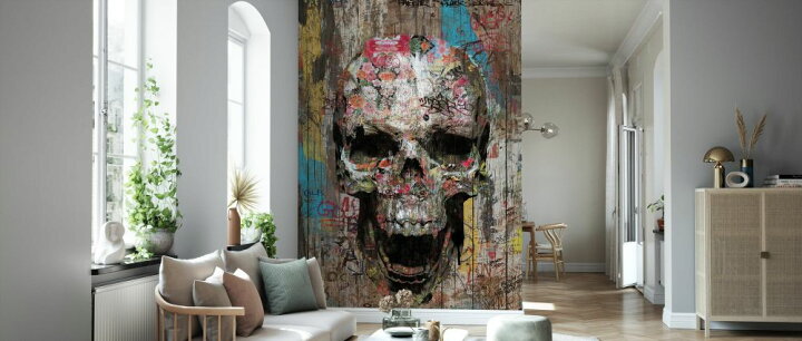 楽天市場 ドクロ スカル 骸骨 イラスト 木目 ウッド ペイントウッド フェイクの壁紙 輸入 カスタム壁紙 Photowall Romantic Street Skull 貼ってはがせるフリース壁紙 不織布 海外取り寄せのため1カ月程度でお届け 代引き 後払い不可 壁紙屋本舗