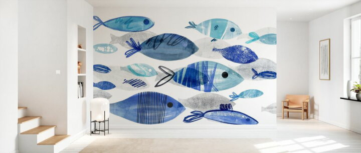 楽天市場 魚 水彩画 イラスト 青 ブルーの壁紙 輸入 カスタム壁紙 Photowall Fish Parade 貼ってはがせるフリース壁紙 不織布 海外取り寄せのため1カ月程度でお届け 代引き 後払い不可 壁紙屋本舗 カベガミヤホンポ