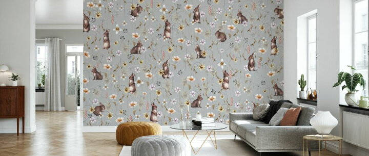 楽天市場 ウサギ 動物 花 パターン キッズ 子ども部屋の壁紙 輸入 カスタム壁紙 Photowall Rabbits And Flowers Gray 貼ってはがせるフリース壁紙 不織布 海外取寄せ商品 代引き 後払い不可 壁紙屋本舗 カベガミヤホンポ