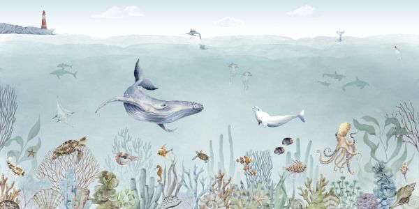 3-PIECE パノラマ【キャンバスアート】Sea Lifeクジラ 225x75 cm-