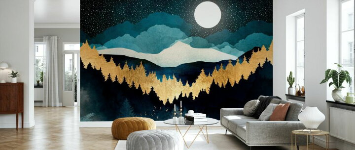 楽天市場 森 山 空 月 星 イラストの壁紙 輸入 カスタム壁紙 Photowall Indigo Night 貼ってはがせるフリース壁紙 不織布 海外取寄せ商品 代引き 後払い不可 壁紙屋本舗 カベガミヤホンポ