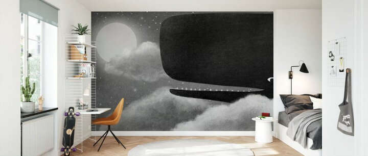 楽天市場 クジラ 空 月 雲 イラスト ファンタジー 黒 ブラック モノクロ モノトーン キッズ 子ども部屋の壁紙 輸入 カスタム壁紙 Photowall Sky Whale 貼ってはがせるフリース壁紙 不織布 海外取寄せ商品 代引き 後払い不可 壁紙屋本舗
