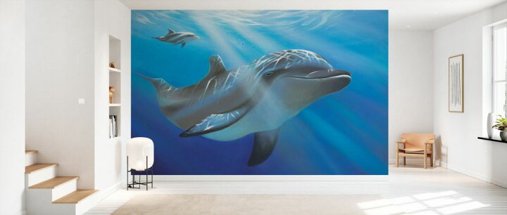 楽天市場 イルカ 海 イラスト 青 ブルーの壁紙 輸入 カスタム壁紙 Photowall Dolphin Evening Dive 貼ってはがせるフリース壁紙 不織布 海外取寄せ商品 代引き 後払い不可 壁紙屋本舗 カベガミヤホンポ