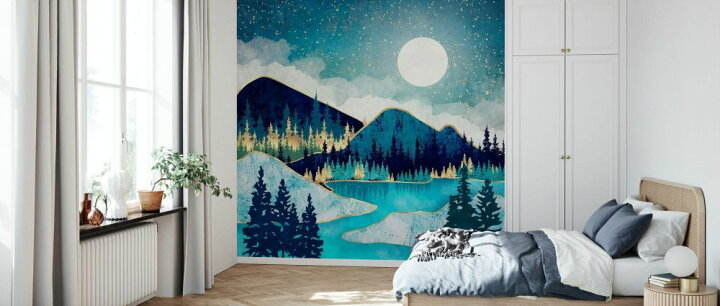楽天市場 山 空 星 月 イラスト アート 青 ブルーの壁紙 輸入 カスタム壁紙 Photowall Morning Stars 貼ってはがせるフリース壁紙 不織布 海外取寄せ商品 代引き 後払い不可 壁紙屋本舗 カベガミヤホンポ