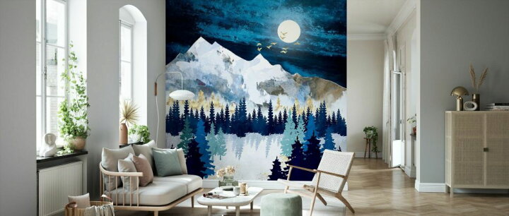 楽天市場 山 空 星 月 イラスト アート 青 ブルーの壁紙 輸入 カスタム壁紙 Photowall Moonlit Snow 貼ってはがせるフリース壁紙 不織布 海外取寄せ商品 代引き 後払い不可 壁紙屋本舗 カベガミヤホンポ