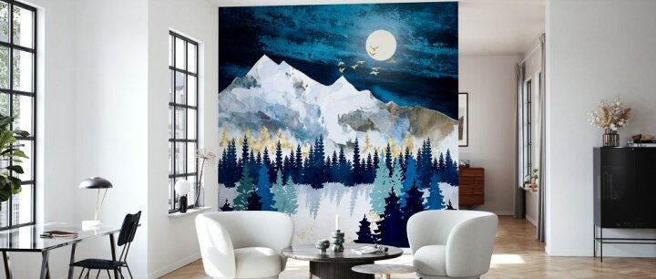 楽天市場 山 空 星 月 イラスト アート 青 ブルーの壁紙 輸入 カスタム壁紙 Photowall Moonlit Snow 貼ってはがせるフリース壁紙 不織布 海外取寄せ商品 代引き 後払い不可 壁紙屋本舗 カベガミヤホンポ