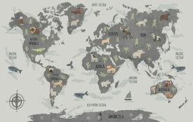 動物 地図 子供部屋 グレーの壁紙 輸入 カスタム壁紙 PHOTOWALL / Animals of the World - Grey (e93010) 貼ってはがせるフリース壁紙(不織布) 【海外取寄せ商品】 【代引き・後払い不可】