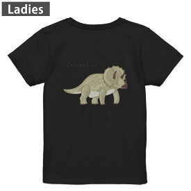 Tシャツ レディース バックプリント 半袖 ブラック 黒 デザイン M L tシャツ ティーシャツ T shirt 017559 ダイナソー　恐竜　Dinosaur トリケラトプス