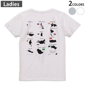 Tシャツ レディース バックプリント 半袖 ホワイト グレー デザイン M Lティーシャツ T shirt 003441 外国　国旗　地図