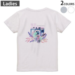 Tシャツ レディース バックプリント 半袖 ホワイト グレー デザイン M Lティーシャツ T shirt 014339 カメラ 花 パステル