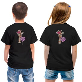 tシャツ キッズ バックプリント 半袖 黒地 ブラック デザイン 90 100 110 120 130 140 150 Tシャツ ティーシャツ T shirt 017754 麒麟　きりん　Giraffe　動物