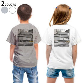 Tシャツ キッズ バックプリント 半袖 白地 デザイン 90 100 110 120 130 140 150 Tシャツ ティーシャツ T shirt 023410 建築物　道路　写真