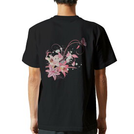 tシャツ メンズ 半袖 バックプリント ブラック デザイン XS S M L XL 2XL ティーシャツ T shirt 009201 花　　ピンク