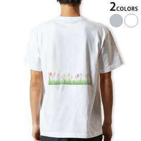 Tシャツ メンズ バックプリント半袖 ホワイト グレー デザイン XS S M L XL 2XL tシャツ ティーシャツ T shirt 015398 チューリップ　花　ピンク