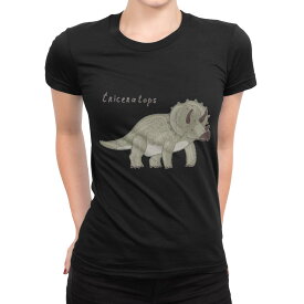 tシャツ レディース 半袖 ブラック 黒 デザイン M L Tシャツ ティーシャツ T shirt 017559 ダイナソー　恐竜　Dinosaur トリケラトプス