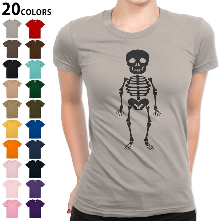 楽天市場 選べるカラー Tシャツ レディース 半袖 デザイン S M L Tシャツ ティーシャツ T Shirt ハロウィン ホラー ガイコツ 骸骨 モノトーン Kabeコレ