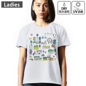 レディース ドライTシャツ ホワイト 半袖 4.1オンス ジム トレーニング スポーツ 運動会 ドライアスレチック UVカット 紫外線遮蔽 吸水速乾 デザイン Tshirt M L イラスト 東京 かわいい 014917