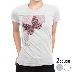 tシャツ レディース 半袖 白地 デザイン S M L XL Tシャツ ティーシャツ T shirt 002790 アニマル 蝶　花　ピンク