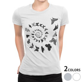 tシャツ レディース 半袖 白地 デザイン S M L XL Tシャツ ティーシャツ T shirt 026166 蝶々　柄　白黒
