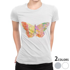tシャツ レディース 半袖 白地 デザイン S M L XL Tシャツ ティーシャツ T shirt 026258 蝶々　カラフル　絵具