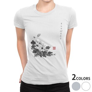 tシャツ レディース 半袖 白地 デザイン M L 白 ホワイト グレー Tシャツ ティーシャツ T shirt 032065 水墨画 花