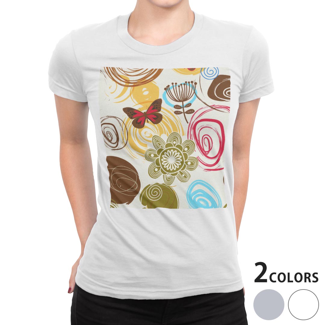 tシャツ レディース 半袖 白地 デザイン S M L XL Tシャツ ティーシャツ T shirt 007615 フラワー 花　フラワー　模様　蝶