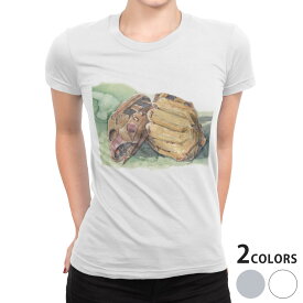 tシャツ レディース 半袖 白地 デザイン S M L XL Tシャツ ティーシャツ T shirt 008065 ユニーク イラスト　水彩　グローブ　野球