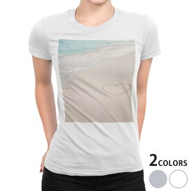 tシャツ レディース 半袖 白地 デザイン S M L XL Tシャツ ティーシャツ T shirt 010536 海　砂浜　ハート