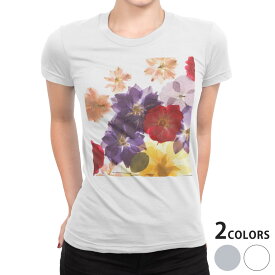 tシャツ レディース 半袖 白地 デザイン S M L XL Tシャツ ティーシャツ T shirt 011228 花　押し花　カラフル