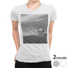 tシャツ レディース 半袖 白地 デザイン S M L XL Tシャツ ティーシャツ T shirt 014531 モノクロ　風車　写真
