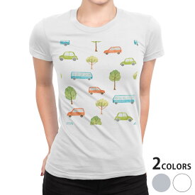 tシャツ レディース 半袖 白地 デザイン S M L XL Tシャツ ティーシャツ T shirt 015356 車　景色　植物　絵