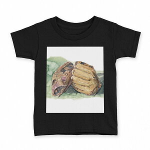 tシャツ キッズ 半袖 黒地 ブラック デザイン 90 100 110 120 130 140 150 160 Tシャツ ティーシャツ T shirt 008065 イラスト 水彩 グローブ 野球