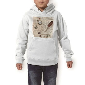 パーカー キッズ ホワイト グレー ブラック デザイン 110 130 150 parker hooded sweatshirt フーディ 白　黒　灰色 子供 男の子 女の子 002662 外国　手紙　時計