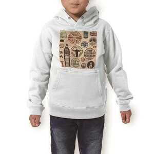 パーカー キッズ ホワイト グレー ブラック デザイン 110 130 150 parker hooded sweatshirt フーディ 白 黒 灰色 子供 男の子 女の子 005991 スタンプ 建物 英国 国旗