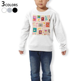 トレーナー キッズ 子供 長袖 ホワイト グレー ブラック デザイン 110 130 150 sweatshirt　trainer　白　黒　灰色　裏パイル　スウェット　スエット 008271 切手　鳥　カラフル　模様