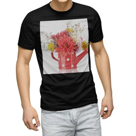 tシャツ メンズ 半袖 ブラック デザイン XS S M L XL 2XL Tシャツ ティーシャツ T shirt 黒 000954 花　じょうろ