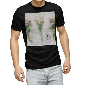 tシャツ メンズ 半袖 ブラック デザイン XS S M L XL 2XL Tシャツ ティーシャツ T shirt　黒 023314 花　フラワー　チューリップ　写真