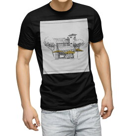 tシャツ メンズ 半袖 ブラック デザイン XS S M L XL 2XL Tシャツ ティーシャツ T shirt　黒 023445 建物　イラスト