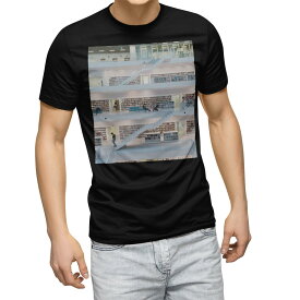 tシャツ メンズ 半袖 ブラック デザイン XS S M L XL 2XL Tシャツ ティーシャツ T shirt　黒 023516 建築物　本棚　写真