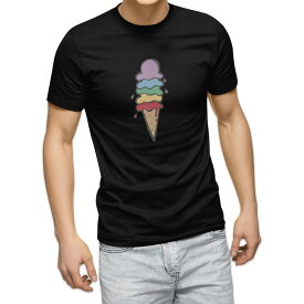 tシャツ メンズ 半袖 ブラック デザイン XS S M L XL 2XL Tシャツ ティーシャツ T shirt　黒 031866 アイスクリーム イラスト カラフル