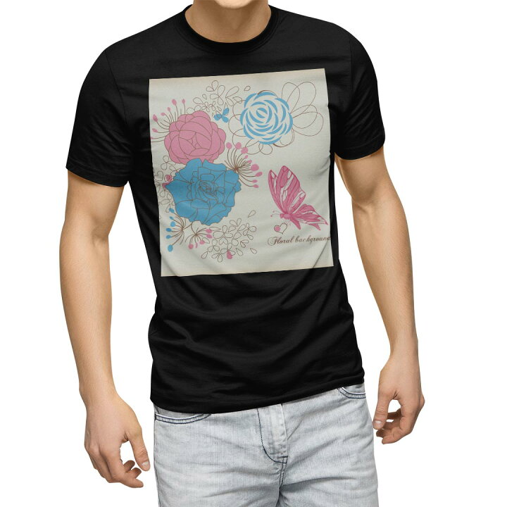 楽天市場 Tシャツ メンズ 半袖 ブラック デザイン Xs S M L Xl 2xl Tシャツ ティーシャツ T Shirt 黒 フラワー 花 蝶 イラスト Kabeコレ