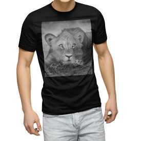 tシャツ メンズ 半袖 ブラック デザイン XS S M L XL 2XL Tシャツ ティーシャツ T shirt　黒 007626 アニマル 写真　モノクロ　ライオン