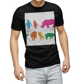 tシャツ メンズ 半袖 ブラック デザイン XS S M L XL 2XL Tシャツ ティーシャツ T shirt 黒 008130 動物　カラフル　サイ　ペンギン