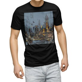 tシャツ メンズ 半袖 ブラック デザイン XS S M L XL 2XL Tシャツ ティーシャツ T shirt　黒 011422 建物　風景　ペイント