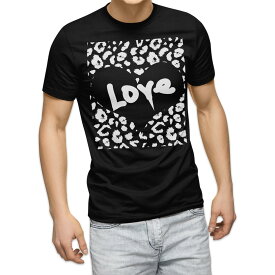 tシャツ メンズ 半袖 ブラック デザイン XS S M L XL 2XL Tシャツ ティーシャツ T shirt 黒 011662 ヒョウ柄　LOVE　ハート